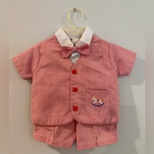 Vintage 80s Baby Boy Outfit Pink Suit Set 12M Bow Tie